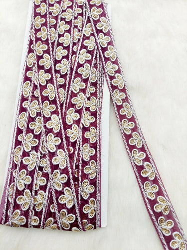 Wholesale Wine Red Net Lace Floral Embroidery & Glitter Gold Sequins, Indian Wedding Border, Gifting Ribbon Costume Trim Fashion Trimming